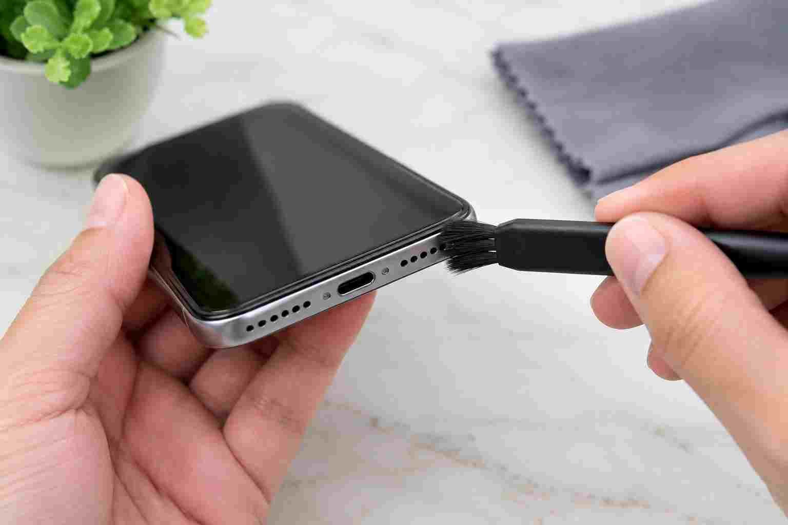 Gently cleaning a phone speaker grille with a soft dry brush