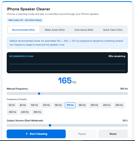 iPhone speaker cleaner online with sound cleaning controls