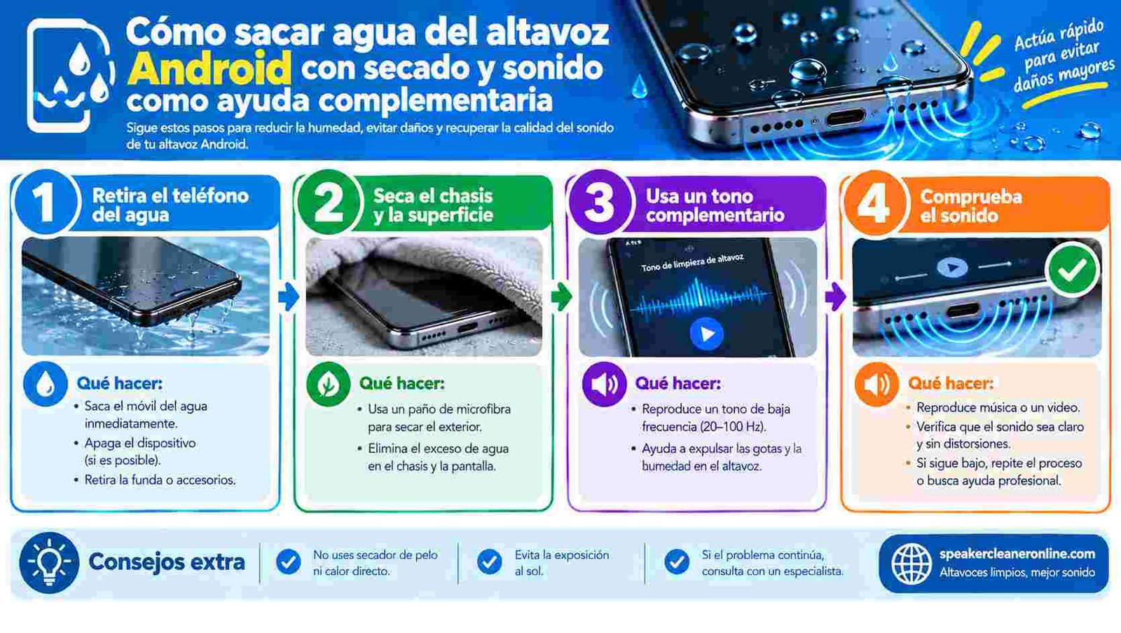 Cómo sacar agua del altavoz Android con secado y sonido como ayuda complementaria