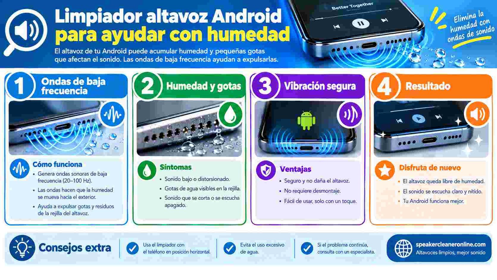 Limpiador altavoz Android para ayudar con humedad cerca de la rejilla